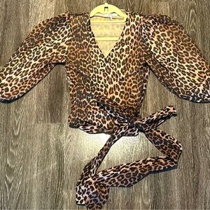Ganni Leopard Mesh Wrap Top